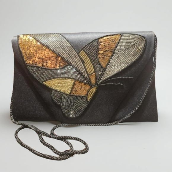 Carla Marchi Handbags - Carla Marchi | Butterfly Beaded Black Evening Clutch with Braided Strap